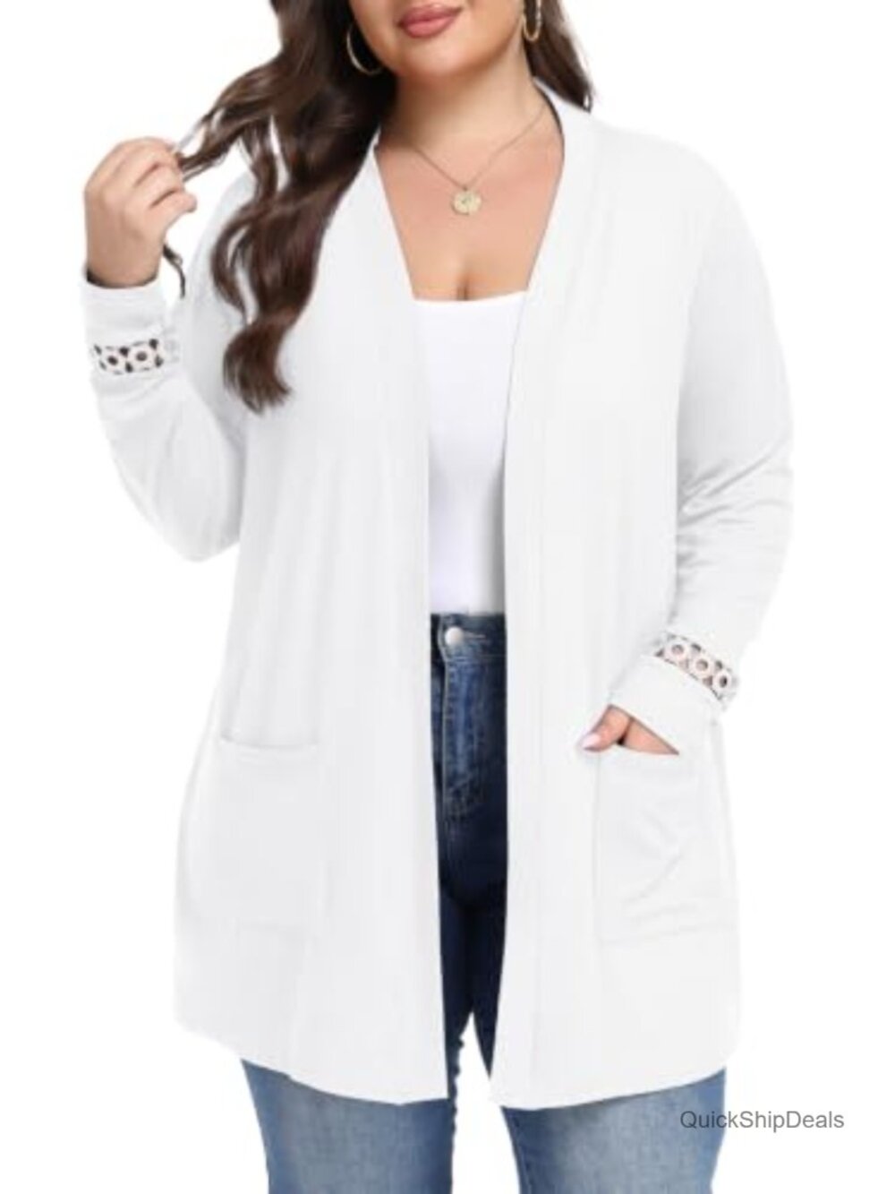 Plus Size Open Front Knit Cardigan Long Sleeve Lace Trim Pockets Lightweight